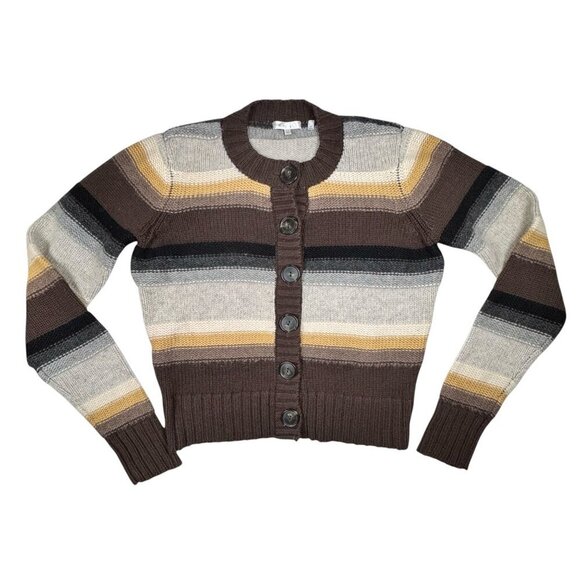 VINCE 100% Cashmere Cardigan Sz.L Brown Striped Buttons Cropped Quite Luxury - Picture 1 of 9